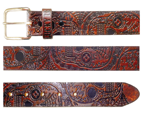 The DEAD SKULL Embossed Leather Belt - Antiqued Brown