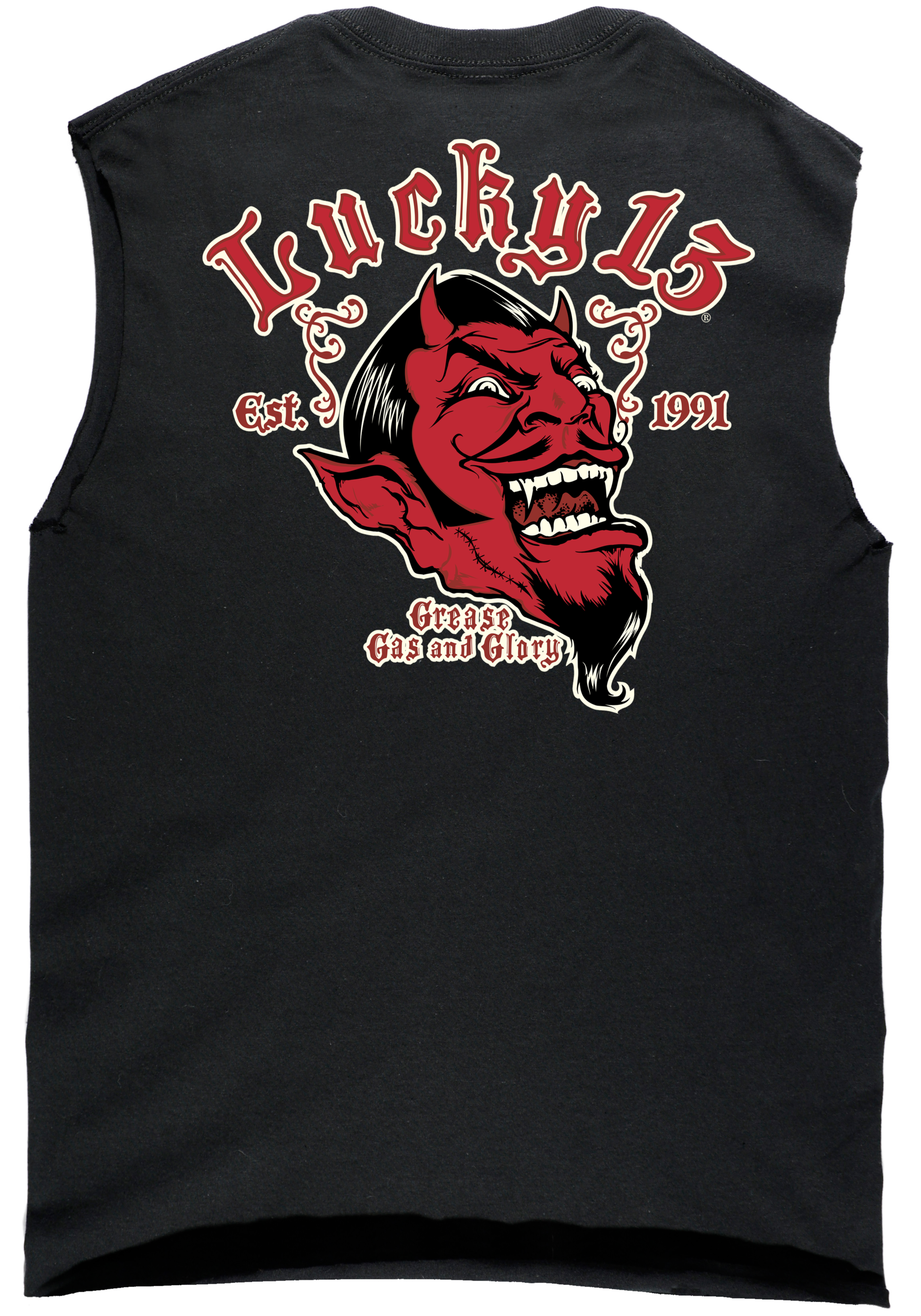 Grease Gas And Glory on a black shirt by Lucky 13 Clothing