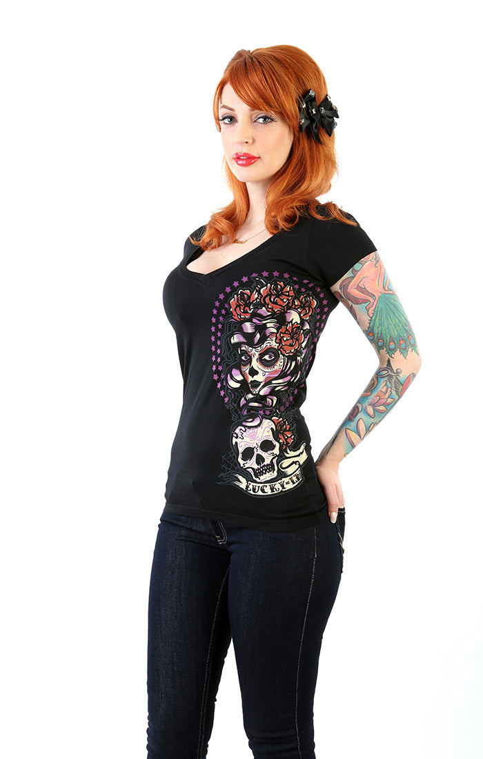 Shadow Lady Womens Deep V Neck Tee by Lucky 13 Black – Lucky13apparel